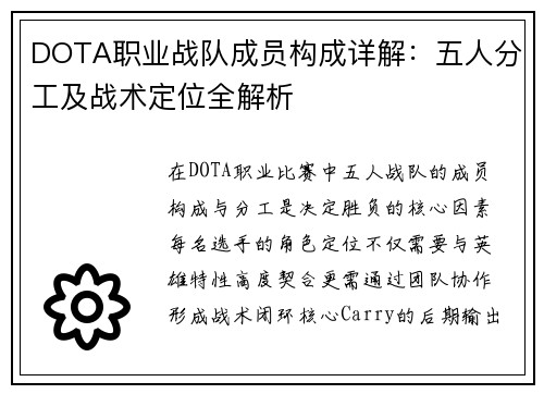 DOTA职业战队成员构成详解：五人分工及战术定位全解析